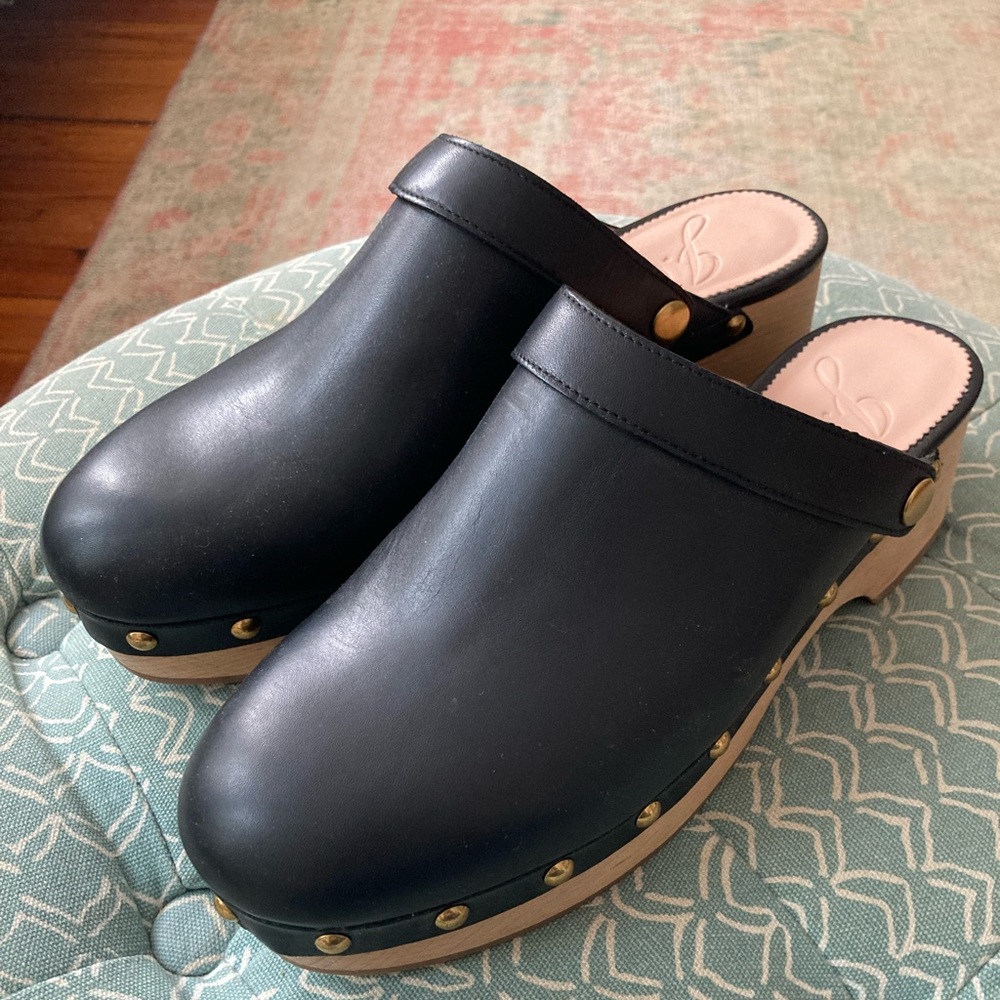 J. Crew black leather clogs with studded detailing